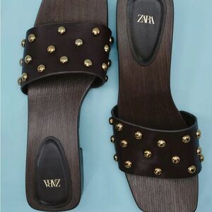 Zara Studded Wooden Clog Slide Sandals